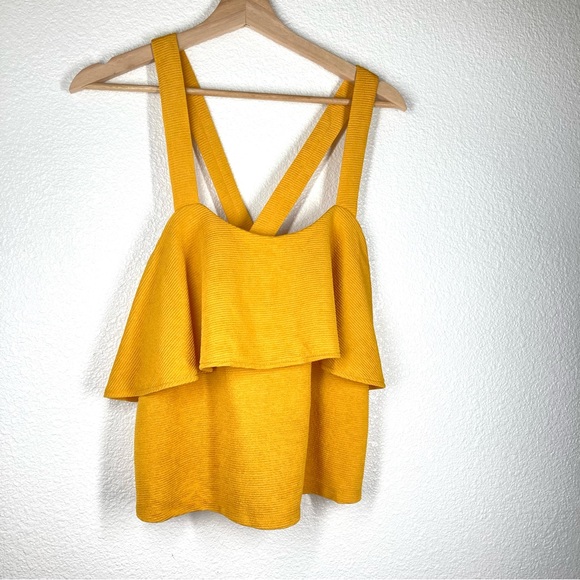 Madewell Tank Top Gold Criss Cross Strap Crop Medium Yellow Ribbed Ruffle - Picture 5 of 16
